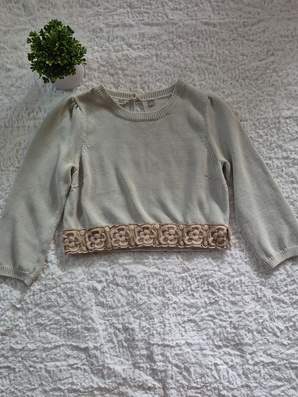 Anthropologie Knitted & Knotted Pale Blue Crop Sweater with Beige Decorative Hem